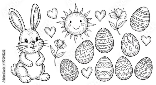 Easter bunny and decorated eggs illustration.
