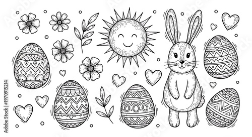 Easter bunny and decorated eggs illustration.