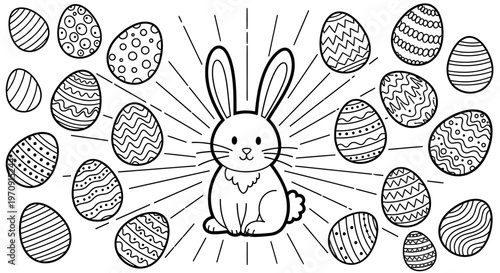 Easter bunny surrounded by decorated eggs.