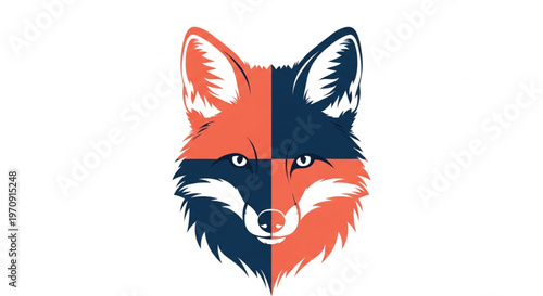 A stylized graphic illustration of a fox head, divided into a four-quadrant checkerboard pattern of coral orange and navy blue. This modern, minimalist design features sharp lines and clever.