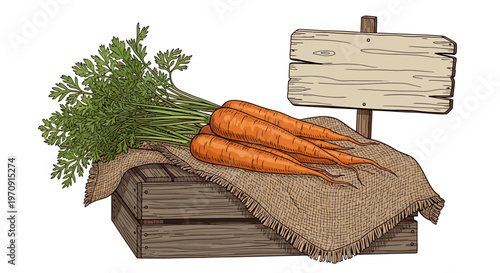 Fresh carrots on wooden crate with blank sign.