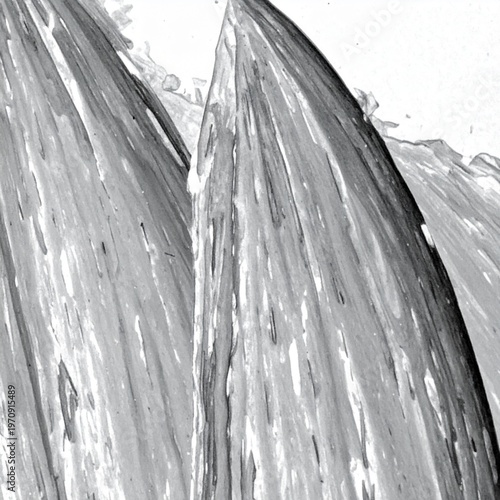 Dramatic black and white close-up of melting glacier ice with deep crevasses and texture