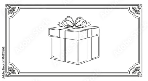 Elegant Gift Box with Ribbon Bow, Vintage Frame, Celebration Present, Surprise, Generosity, Black and White Line Art