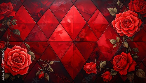 vibrant red batik pattern with blooming roses and geometric diamond tiles