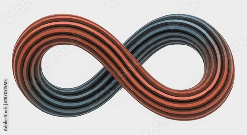 Abstract 3D Render of Intertwined Red and Blue Striped Infinity Symbol on Grey Background