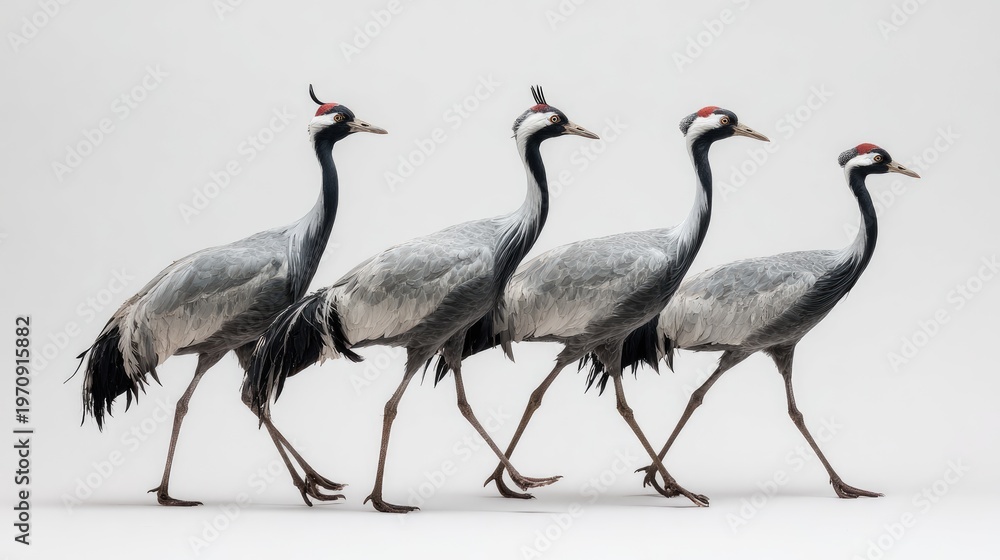 Naklejka premium Four red crowned cranes walking in line graceful long legged birds with black white plumage isolated on white background