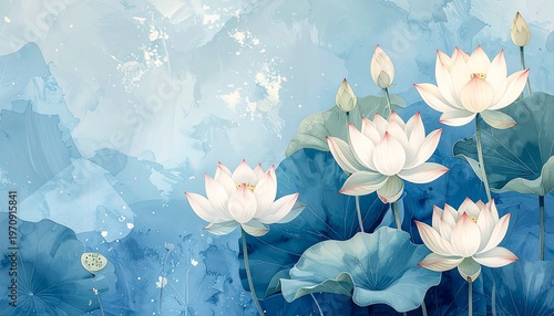 serene watercolor lotus flowers blooming in misty blue pond landscape