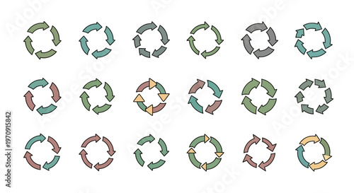 Circular Arrow Cycle Process Icons Set - Refresh, Loop, Workflow, Rotation Symbols