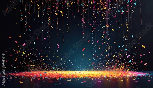 vibrant colorful confetti explosion over dark stage with dramatic lighting