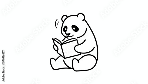 Cute Panda Reading a Book, Sitting and Studying, Black and White Line Art Illustration