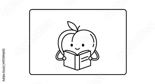Cute Peach Character Reading a Book, Kawaii Style, Education Concept