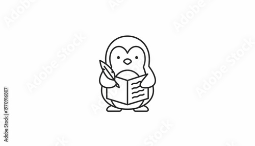 Cute Penguin Writing with Feather Pen in Book, Cartoon Style