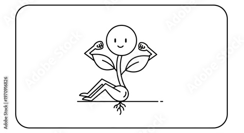Cute plant character flexing muscles, symbolizing strength, growth, and health