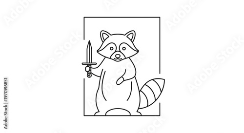 Cute Raccoon Holding a Small Sword in a Square Frame, Cartoon Style