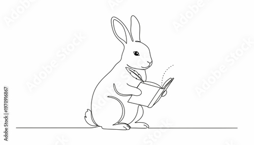 Cute Rabbit Reading a Book, Whimsical Line Art Illustration