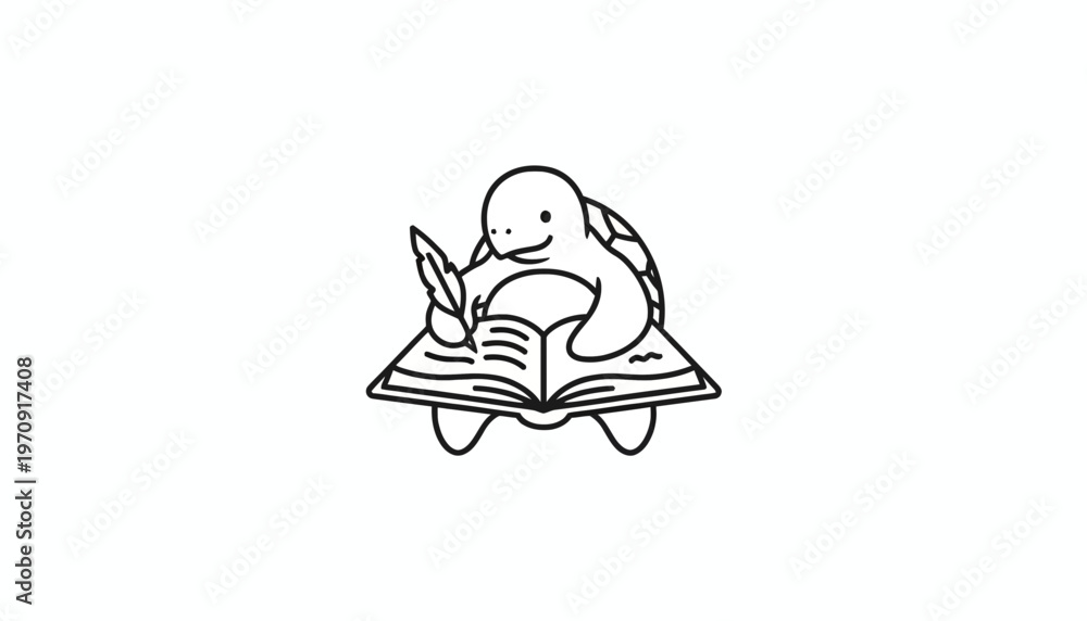 Fototapeta premium Cute cartoon turtle writing in an open book with a quill pen, black and white line art