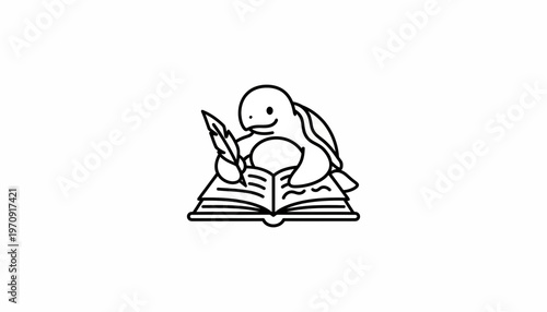 Cute cartoon turtle writing with feather pen on an open book, minimalist line art, white background