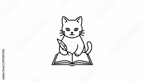 Cute Cat Writing in Book with Feather Pen, Whimsical Illustration