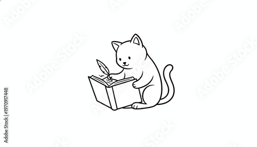Cute Cat Writing with Quill Pen on Book, Creative Animal Illustration