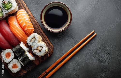 Gourmet Sushi Platter with Nigiri and Maki Rolls on a Wooden Board
