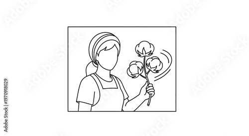 Woman holding cotton plant branches with bolls, line art illustration