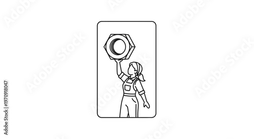 Woman Holding Large Bolt, Industrial Concept, Female Mechanic, Strength