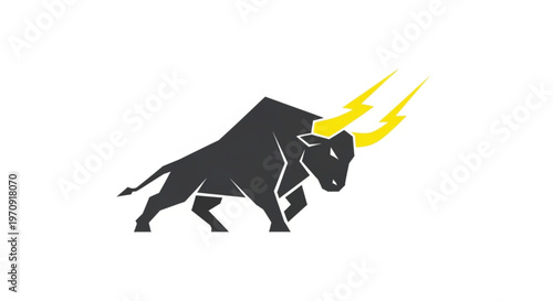 A powerful vector illustration of a charging bull silhouette in dark grey, featuring vibrant yellow lightning bolt horns. This dynamic graphic combines animal strength with electrical energy. 