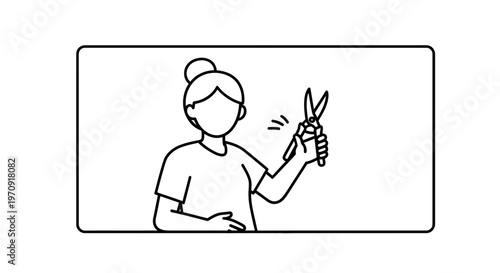 Woman holding pruning shears, demonstrating gardening tool use, isolated on white background