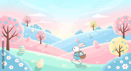A cartoon bunny in a blue shirt walking on a colorful landscape with trees and flowers.