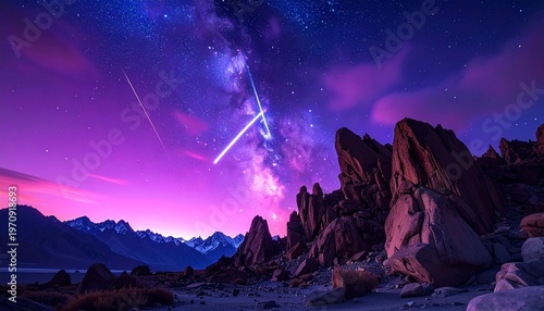 dramatic meteor shower over rocky desert landscape at twilight