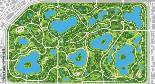 Central Park Map Illustration with Green Trees and Blue Lakes