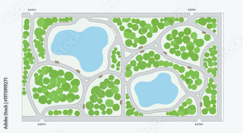 Top-Down View of a Green Park Layout with Lakes and Roads Vector Illustration