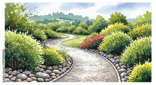 Watercolor Illustration of Winding Garden Path with Green Bushes and Stone Edging