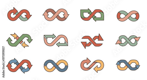Collection of Colorful Infinity Arrow Symbols Representing Continuous Flow and Cycles