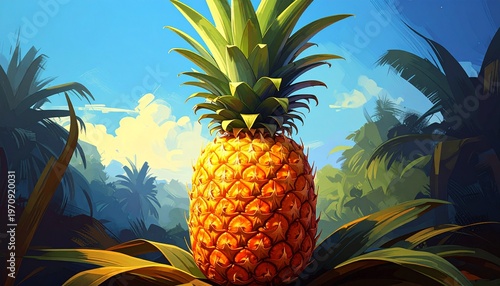 Ripe golden pineapple in tropical paradise with palm trees at sunrise