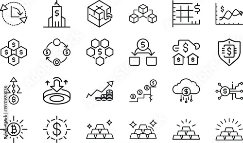 Linear collection featuring gold bullion stacks increasing bar charts dollar signs and cloud storage nodes.