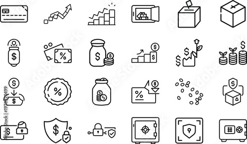 Collection of business graphics for wealth management featuring secure vaults interest rates and plant growth.