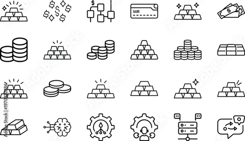 Premium set of stacked bullion gold coins and server data icons representing high value digital assets art.