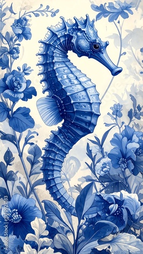 A majestic seahorse, rendered in shades of blue, gracefully emerges amidst lush, stylized flora, creating a whimsical underwater scene
