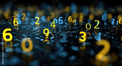 A blurred perspective showcases various bright, floating numerals against a dark, speckled background