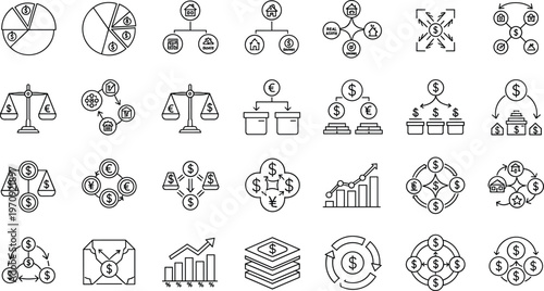 Financial management and investment strategy line icon set with banking analytics profit growth budgeting money flow and business finance symbols
