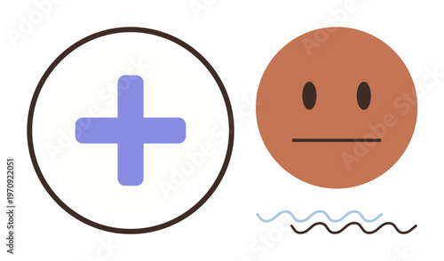 Wellness, emotions, health, positivity, neutrality, balance. Purple plus sign and neutral face with wavy lines. Emotions and wellness concept for positivity and neutrality exploration
