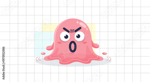 Pink monster with a shocked expression and wide eyes, cartoon illustration on a grid background