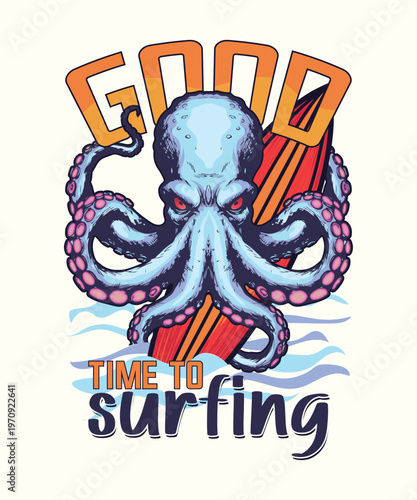 Evil octopus with red eyes holds a surfboard with its tentacles on a wave background.