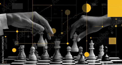 Two hands moving chess pieces with data overlays against a black background