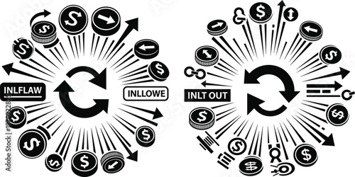 Financial Flow and Currency Exchange Icons Set Featuring Inflow and Outflow Symbols with Dollar and Arrows for Business Designs