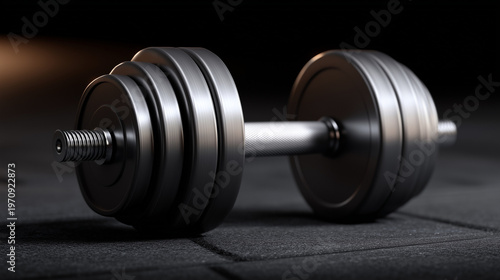 Dumbbells on gym floor in photorealistic close up photography