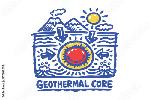Hand Drawn Geothermal Core Illustration Showing Earth Energy and Volcanic Heat