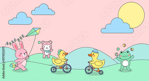 Colorful cartoon animals playing outside happily.