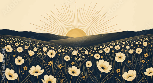 Sunrise over a field of flowers.